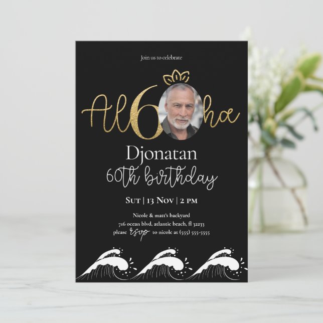 Foto för Tropical 60:e Black Guld Birthday-inbjuda Inbjudningar (Stående Fram)