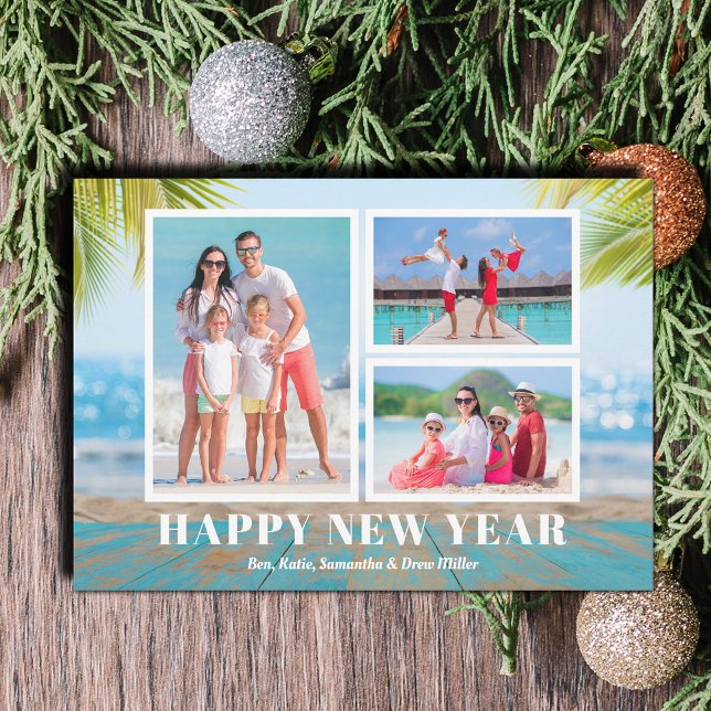 Foto för Tropical Beach Gott nytt år Julkort (Tropical Beach Happy New Year Photo Holiday Cards - Order INSTANT DOWNLOAD and/or PRINTED or both!)