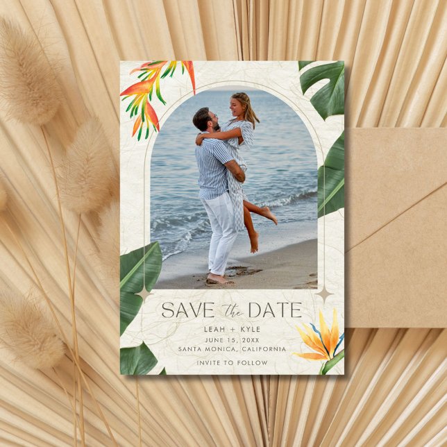 Foto för tropisk beach-bröllop spara datumet (Tropical Beach Wedding Photo Save The Date)