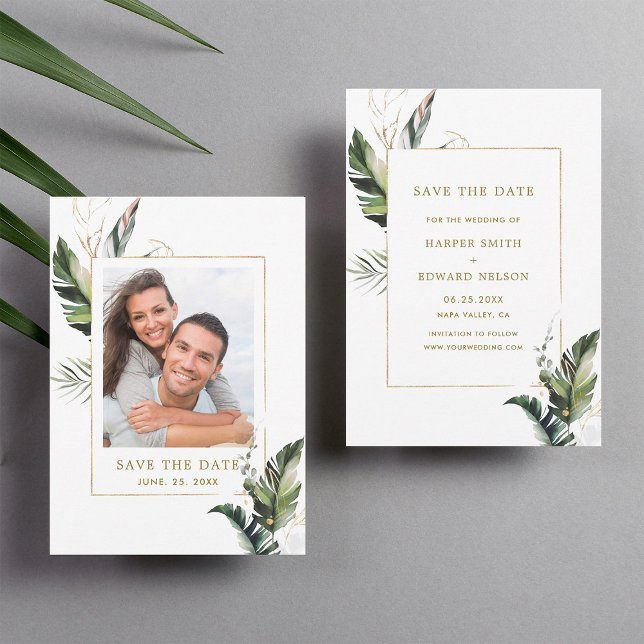 Foto för tropisk blomma Guld Bröllop Spara datumet (Front & Back)