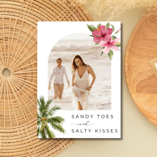 Foto för tropisk skräppost Spara datum Spara Datumet (Tropical Beach Wedding Photo Save the Date)