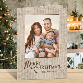 Foto för utskriftsfamiljen god jul Rustic Burlap Helgkort