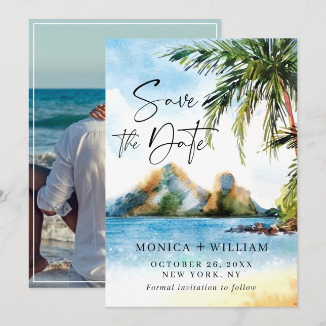 Foto för vattendfärg Beach Sea Handflatan Träd Spara Datumet (Fram/baksida)