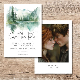 Foto för vattenfärg i Rustic Mountain Sjö Scene-fä Spara Datumet