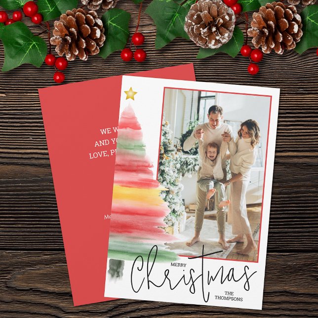 Foto för vattenfärg Julgran Julkort (Striped watercolor Christmas tree photo holiday cards feature your greeting on the back)