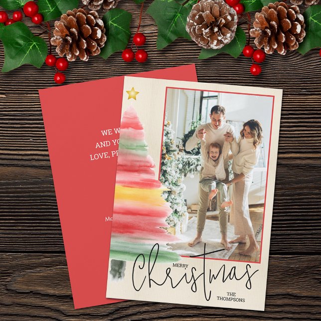 Foto för vattenfärg Julgran Julkort (Striped watercolor Christmas tree photo holiday cards feature your greeting on the back)