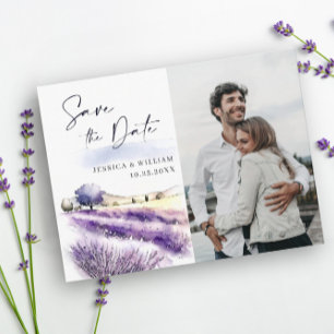 Foto för vattenfärg Lavender Flowers Fält Bröllop Spara Datumet
