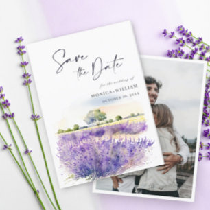 Foto för vattenfärg Lavender Flowers Fält Bröllop Spara Datumet