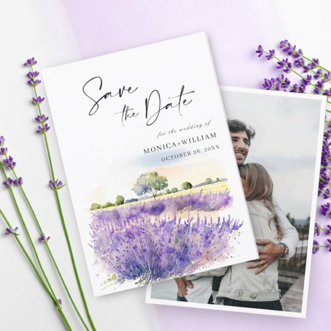 Foto för vattenfärg Lavender Flowers Fält Bröllop Spara Datumet (Skapare uppladdad)