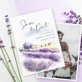 Foto för vattenfärg Lavender Flowers Fält Bröllop Spara Datumet