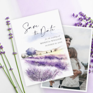 Foto för vattenfärg Lavender Flowers Fält Bröllop Spara Datumet