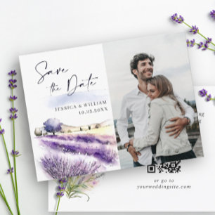 Foto för vattenfärg Lavender Flowers Fält Bröllop Spara Datumet