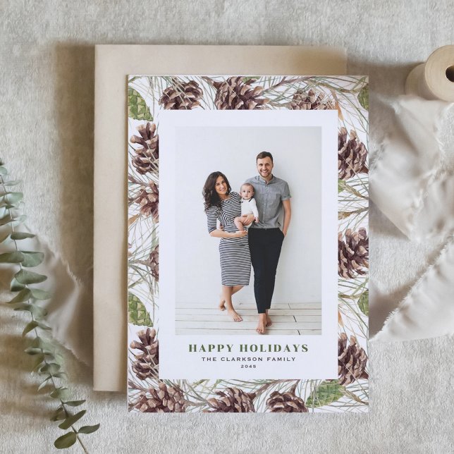 Foto för vattenfärg Pinecones Mönster Helgkort (Customizable Photo Holiday Card with Watercolor Pine Cones Pattern)