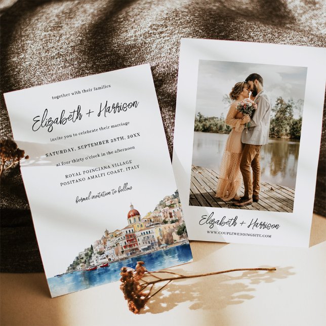 Foto för vattenfärgen Amalfi Kusten Italien Bröllo Inbjudningar (Capture the romance of Italy with our watercolor Amalfi Coast wedding invitations.)