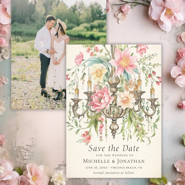 Foto för vattenfärgen Blommigt Chandelier Bröllop Spara Datumet (Watercolor Floral Chandelier Wedding Photo Save The Date)