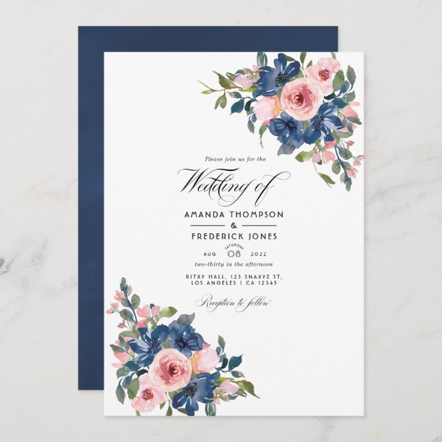 Foto för vattenfärgen Navy och  Blommigt Bröllop Inbjudningar (Fram/baksida)
