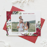 Foto för vattenfärgen Red Poinsettias och Fir Löv Helgkort<br><div class="desc">glad helg! Skicka helgdag önskemål och hälsning till familj och vänner med det här anpassadet helgdag-fotokortet för vattenfärg. Den har vattenfärgade pinekoner,  gräs nål,  hollier,  bär och röda poinsettias. Anpassa genom att lägga till namn,  meddelande,  foto och andra detaljer. Detta helgdag finns i andra blommigtar.</div>