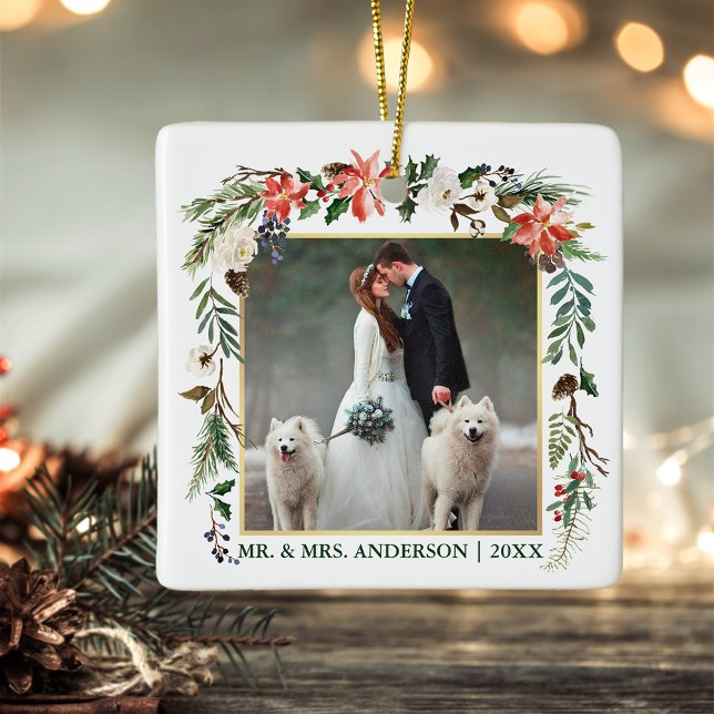 Foto för vattenfärgen Winter Blommigt Grönt Guld B Julgransprydnad Keramik (Customize to change text color or text size.)