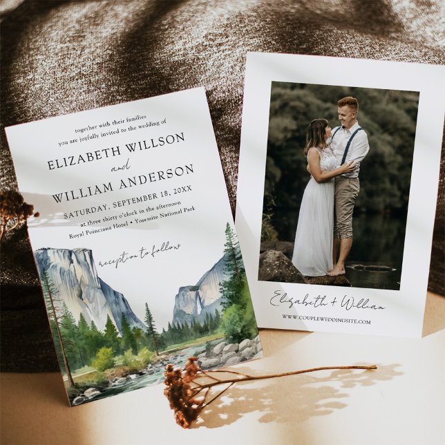 Foto för vattenfärgen Yosemite National Park Bröll Inbjudningar (Watercolor Yosemite National Park Wedding Photo Invitation)