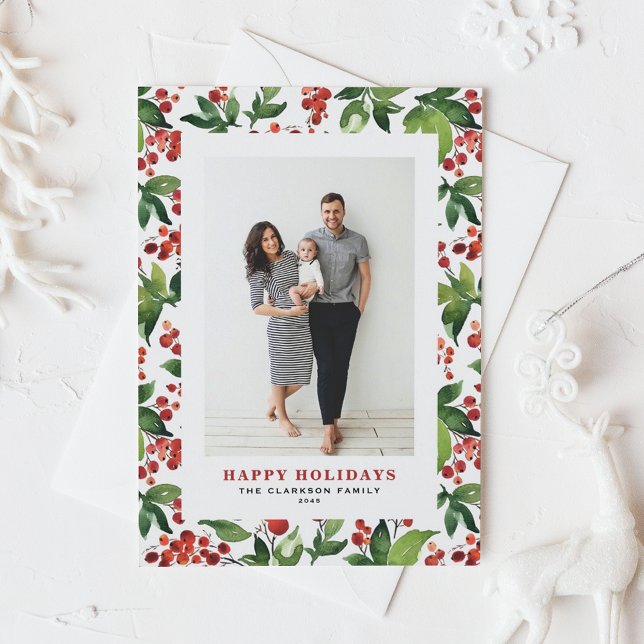 Foto för vattenfärgsfestive Greenery och Winterber Helg Vykort (Watercolor Festive Greenery and Winterberry Photo Merry Christmas Postcard)
