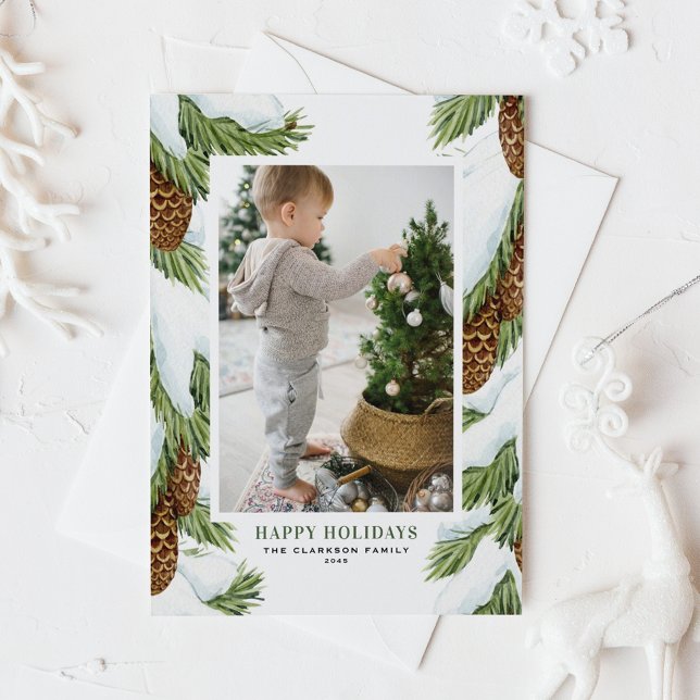 Foto för vattenfärgssnö Pinecones Glad helg Julkort (Customizable photo holiday card featuring snowy watercolor balsam fir cones)
