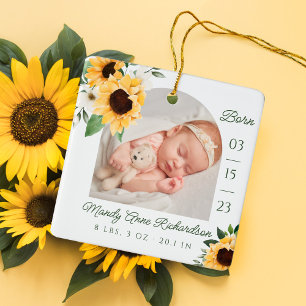 Foto för vattenfärgssolrosor Blommigt Baby Birth S Julgransprydnad Keramik