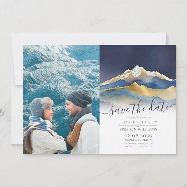 Foto för vattentfärg i Guld-berget utomhus Bröllop Spara Datumet (Framsida)