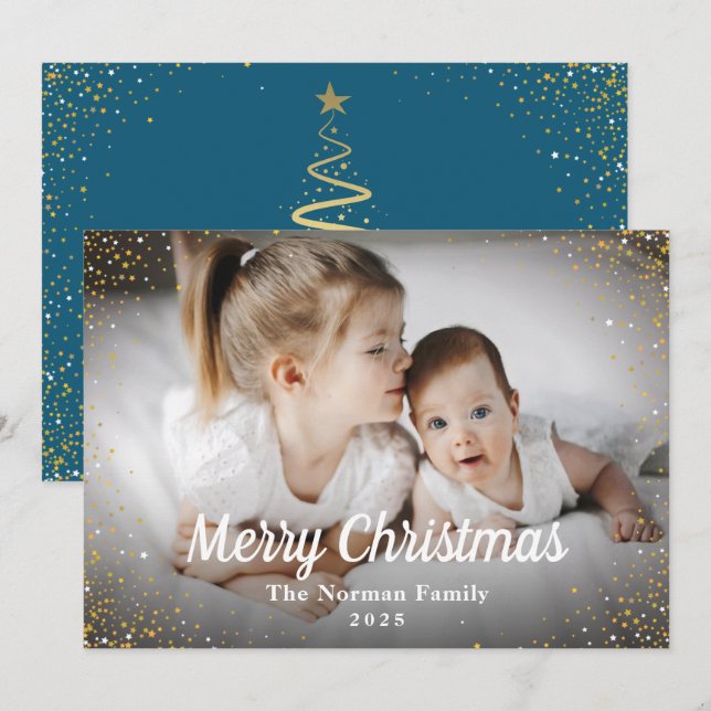 Foto för vinterblå Guld Glitter God jul Julkort (Fram/baksida)