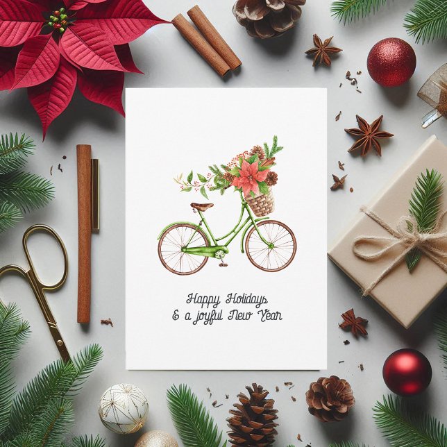 Foto för  Watercolor Blommigt Bicycle-julfamiljen Julkort (Watercolor Floral Bicycle Christmas Family Photo Holiday Card)
