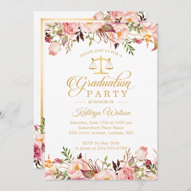 Foto för Watercolor Blommigt Law School Studenten Inbjudningar (Fram/baksida)