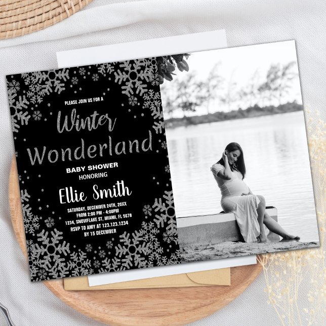 Foto för Winter Baby Shower Black Silver Inbjudningar (Winter Baby Shower Invitations Black Silver Photo)