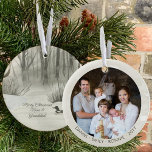 Foto för Winter Forest Sjö Watercolor Personlig   Julgransprydnad Keramik<br><div class="desc">Fotojulprydnad som du kan anpassa för Nana och Granddad eller någon annan! Konstruktionen har en vattenfärgscen i eleganten på ena sidan om vintern i sjö och anka. På den andra sidan finns ditt foto och din namn eller annan anpassningsbar. Fotomallen visningar fotot i runda format så om du har problem...</div>