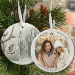 Foto för Winter Forest Uggla Watercolor Personlig  Julgransprydnad Keramik<br><div class="desc">Fotojulprydnad som du kan anpassa för Mamma och Pappa eller någon annan! Konstruktionen har en vattenfärgscen på eleganten på ena sidan av en vinterskog med ett uggla på en däck-sväng. På den andra sidan finns ditt foto och din namn eller annan anpassningsbar. Fotomallen visningar fotot i runda format så om...</div>
