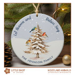 Foto för Winter Woodland Birds-familjen Julgransprydnad Keramik<br><div class="desc">Lägg till ett naturdrag i Julgran med anpassadets dekoration som ger en vattenfärgad illustration av vinter-trädsfåglar på ett träd som är täckt av snö. Elegantens manustypografi som säger "Låt himlen och naturen Sjunga" fångar helgdagarnas harmoni. Anpassa texten och lägg till ett namn för att skapa en tänkvärd familjeköpe som kommer...</div>