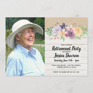 Foto för Wood Burlap för pensionparty blom- Inbjudningar