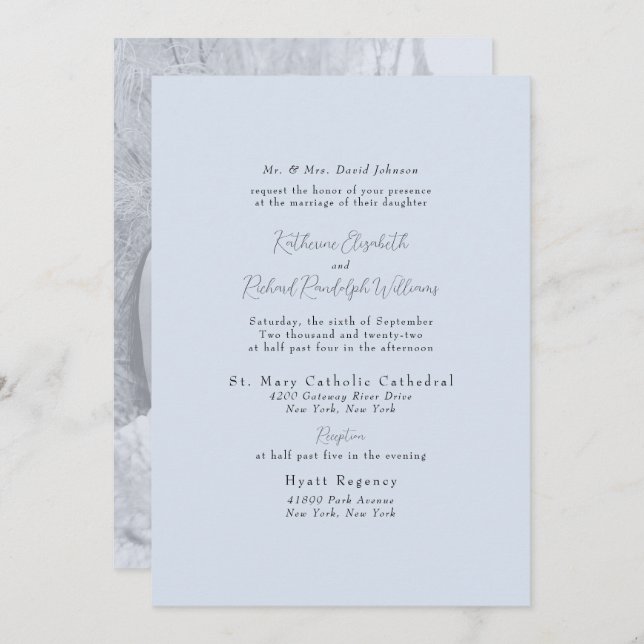 Foto Formell Dammt blå Brud Föräldrar Bröllop  Inbjudningar (Fram/baksida)