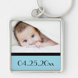 Foto från baby och födelsedatum fyrkantig silverfärgad nyckelring