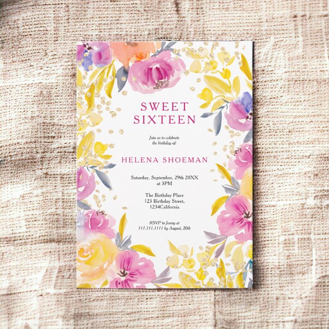 Foto från Bohemian lila guld glitter blommigt Swee Inbjudningar (Bohemian purple gold glitter floral photo Sweet 16 Invitation)