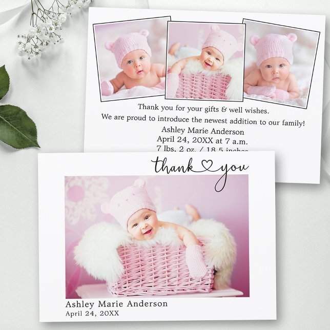 Foto från Calligraphy Heart Nyfödd bebis 4 Tack Kort (Customize to change your personalized text size or text style.)