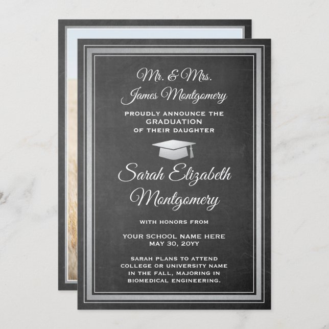 Foto från överordnad kalkbräde och vit Studenten Meddelande (Fram/baksida)