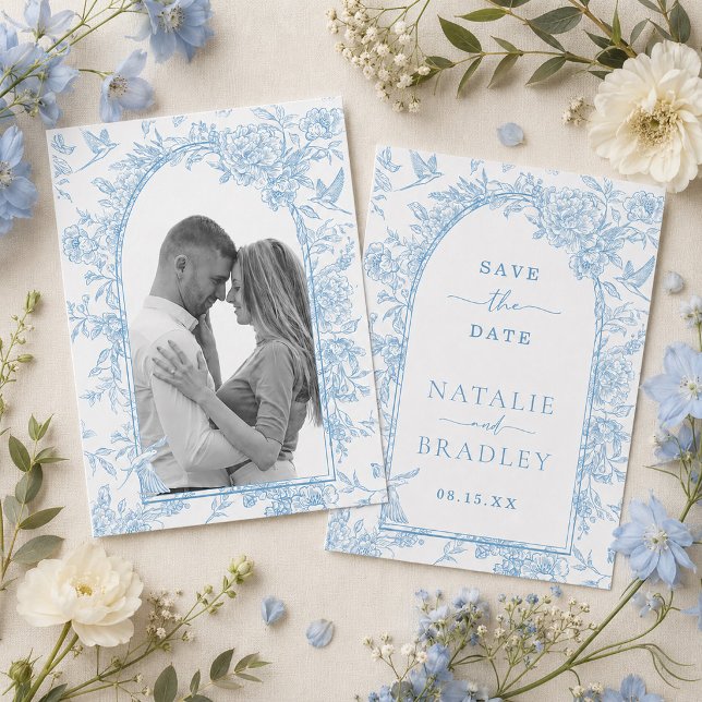 Foto Fransk Blå Blommig Bröllop Spara Datum Inbjudningar (Photo French Blue Floral Wedding Save the Date Invitation)