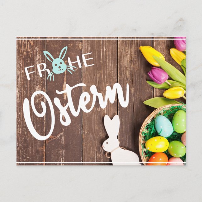 Foto Frohe Ostern mit Tulpen und Hase Vykort (Framsida)
