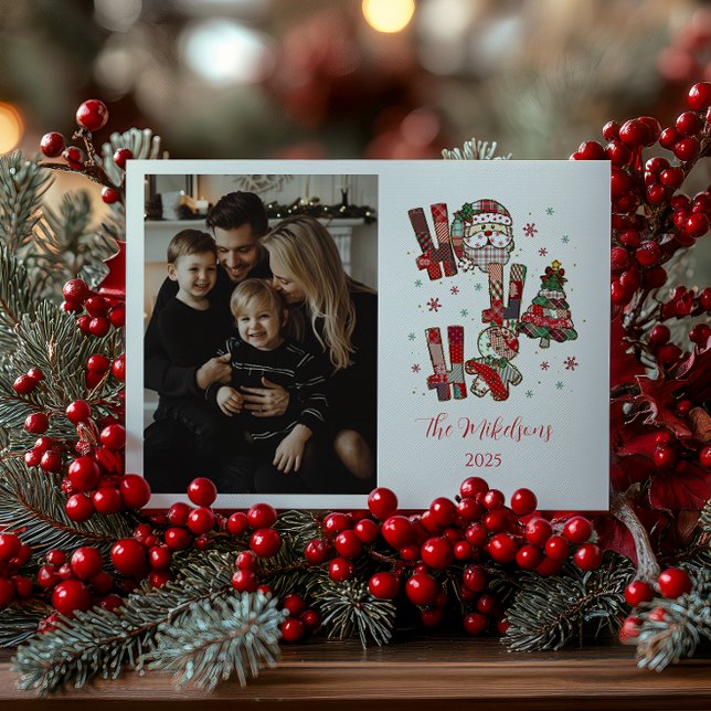 Foto FRustic Patchwork Ho Ho Ho jul Julkort (Skapare uppladdad)