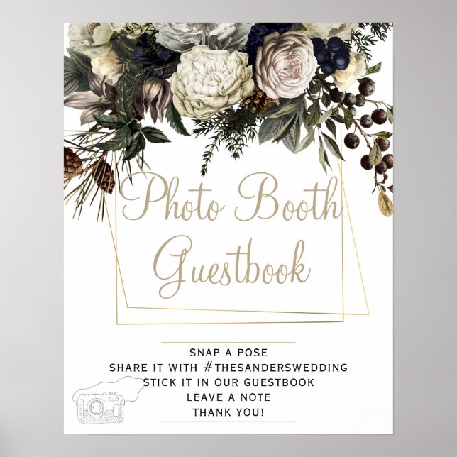 Foto-gästbok vinterblommig bröllopsskylt poster (Framsidan)