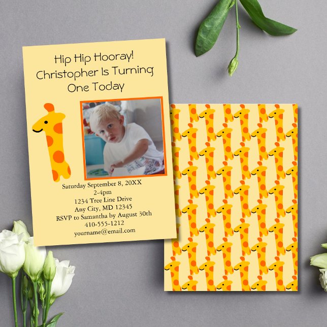 Foto Giraff Orange och Gul 1-årsdag  Inbjudningar (Photo Giraffe 1st Birthday Invitation, Yellow Orange, Printed or Digital Download)