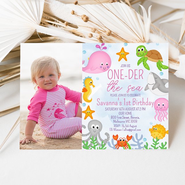 Foto Girl's One-der Sea 1:a födelsedagen Inbjudningar (Sweet under the sea or one-der the sea 1st birthday invitation for a girl featuring a pink whale.)