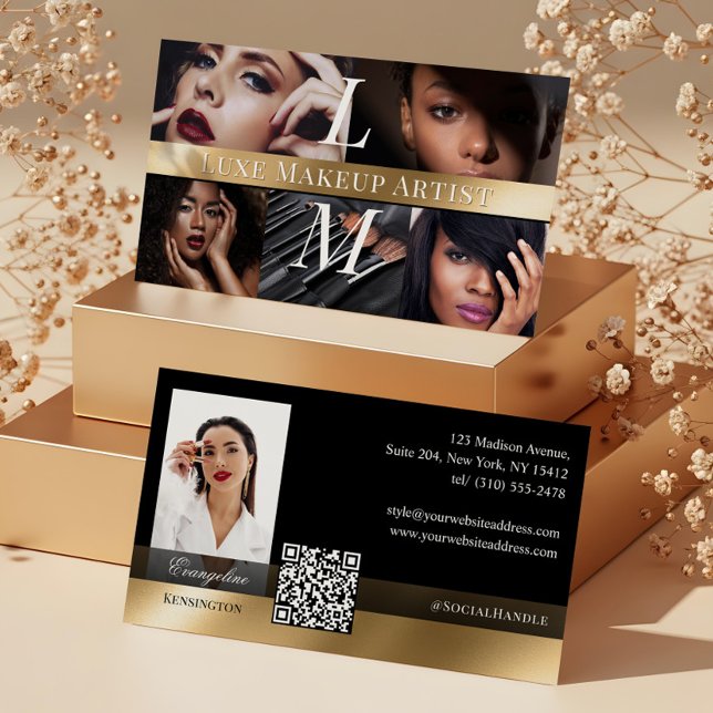 Foto Glam Makeup Artist Luxe Monogram Svart Guld Visitkort (Photo Glam Makeup Artist Luxe Monogram Black Gold Business Card)