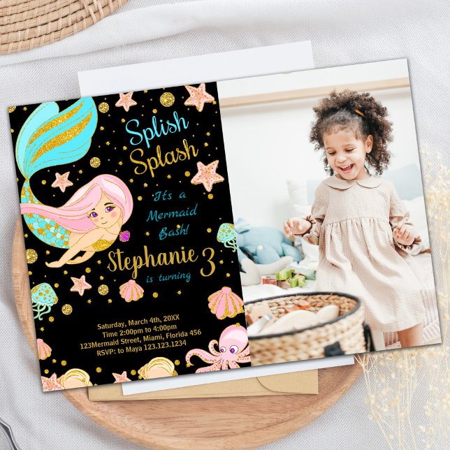 Foto Glitter Black Sjöjungfru Birthday-inbjudninga Inbjudningar (Photo Glitter Black Mermaid Birthday Invitations)