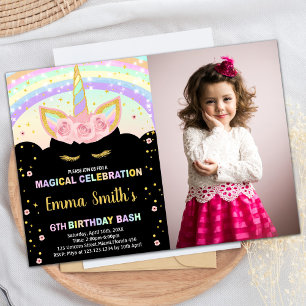 Foto Glitter Black Unicorn Birthday-inbjudningar Inbjudningar