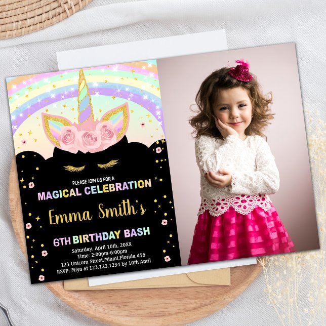 Foto Glitter Black Unicorn Birthday-inbjudningar Inbjudningar (Photo Glitter Black Unicorn Birthday Invitations)